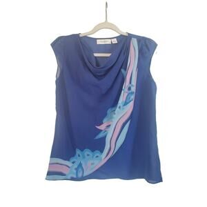 Portrait of a Girl (Anthropologie) 100% Silk Artsy Blue Sleeveless Blouse, Sz 2